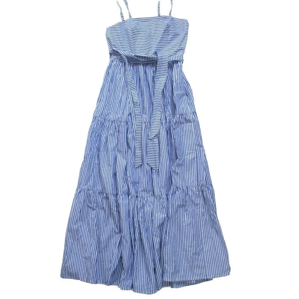 NWT J.Crew Tiered Maxi in Lagoon White Stripes Tie Waist Cotton Sun Dress 8T